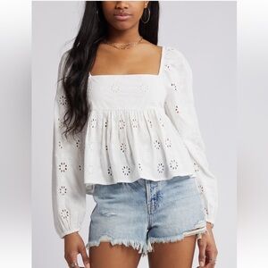 BP White Eyelet Long Sleeve Babydoll Top Size XL